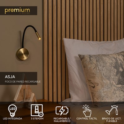 Lucide ASJA - Foco de pared / Lámpara de pared Recargable - Batería/acumulador - LED 3 StepDim - 1x3W 2700K - Oro mate / Latón | Premium